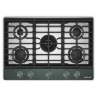 Top view of a KitchenAid 30-inch gas cooktop with five burners, integrated wok grate, and weighted control knobs for home improvement in kitchenware and appliances.