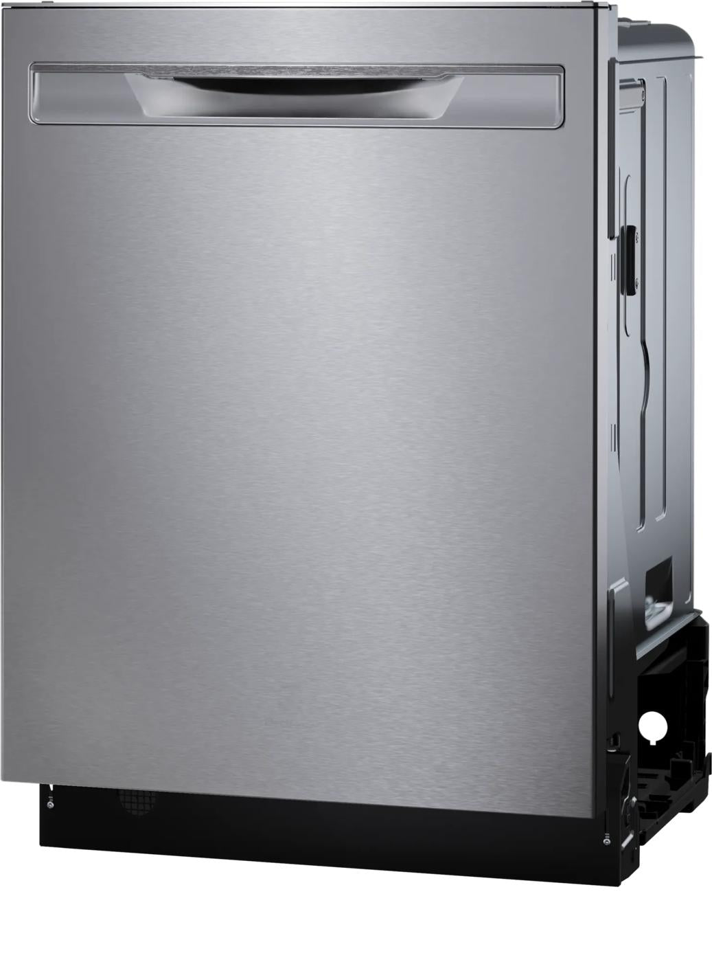 Built-in 24" dishwasher with stainless steel front panel and integrated recessed handle for kitchen appliances collection