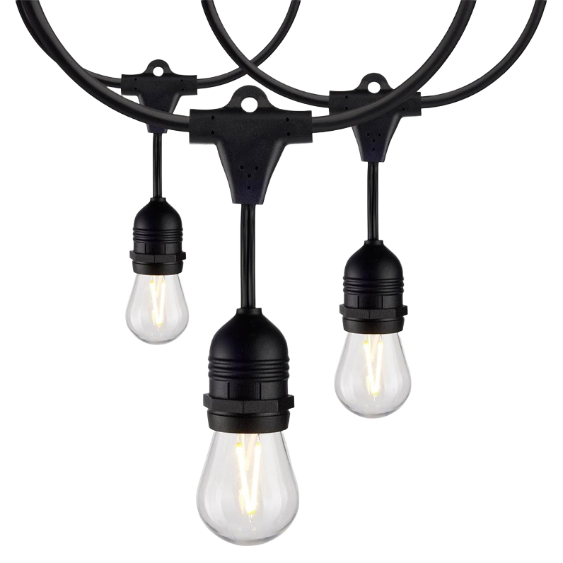 Black LED string lights with clear bulbs and durable hanging sockets for outdoor home improvement use