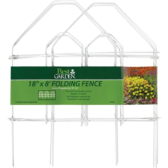 White galvanized wire folding garden fence panel with decorative arch tops and green product label for landscaping use