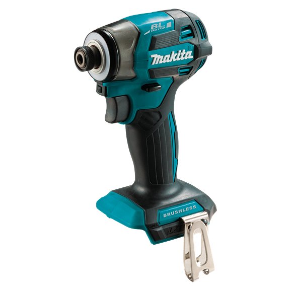 Teal and black cordless brushless impact driver with metal belt hook for home improvement projects