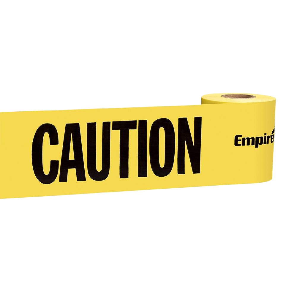 Yellow caution barricade tape roll with bold black lettering for safety marking in home improvement settings