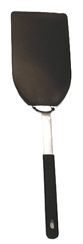 Large black flexible nylon spatula with stainless steel handle, ideal for kitchen utensils and cooking tasks under $50