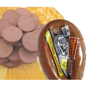 Smoked all-beef trail bologna ring with sliced pieces on a yellow checkered plate in food and snack collections