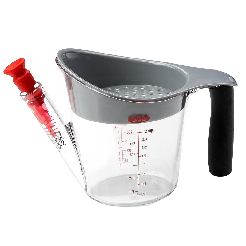 Clear plastic fat separator with gray lid, black handle, and red silicone baster for Kitchenware and Kitchen Gadgets collections