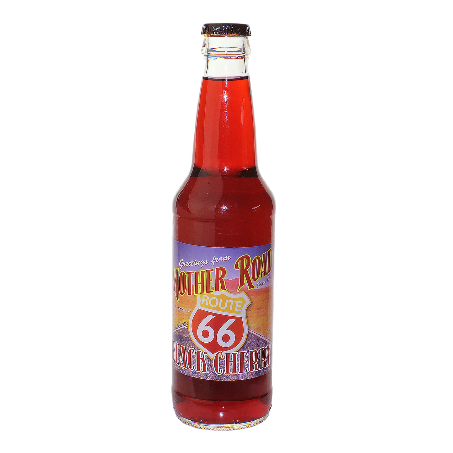 Glass bottle of black cherry soda with vintage Route 66 label in food and beverage drinks collection under $25
