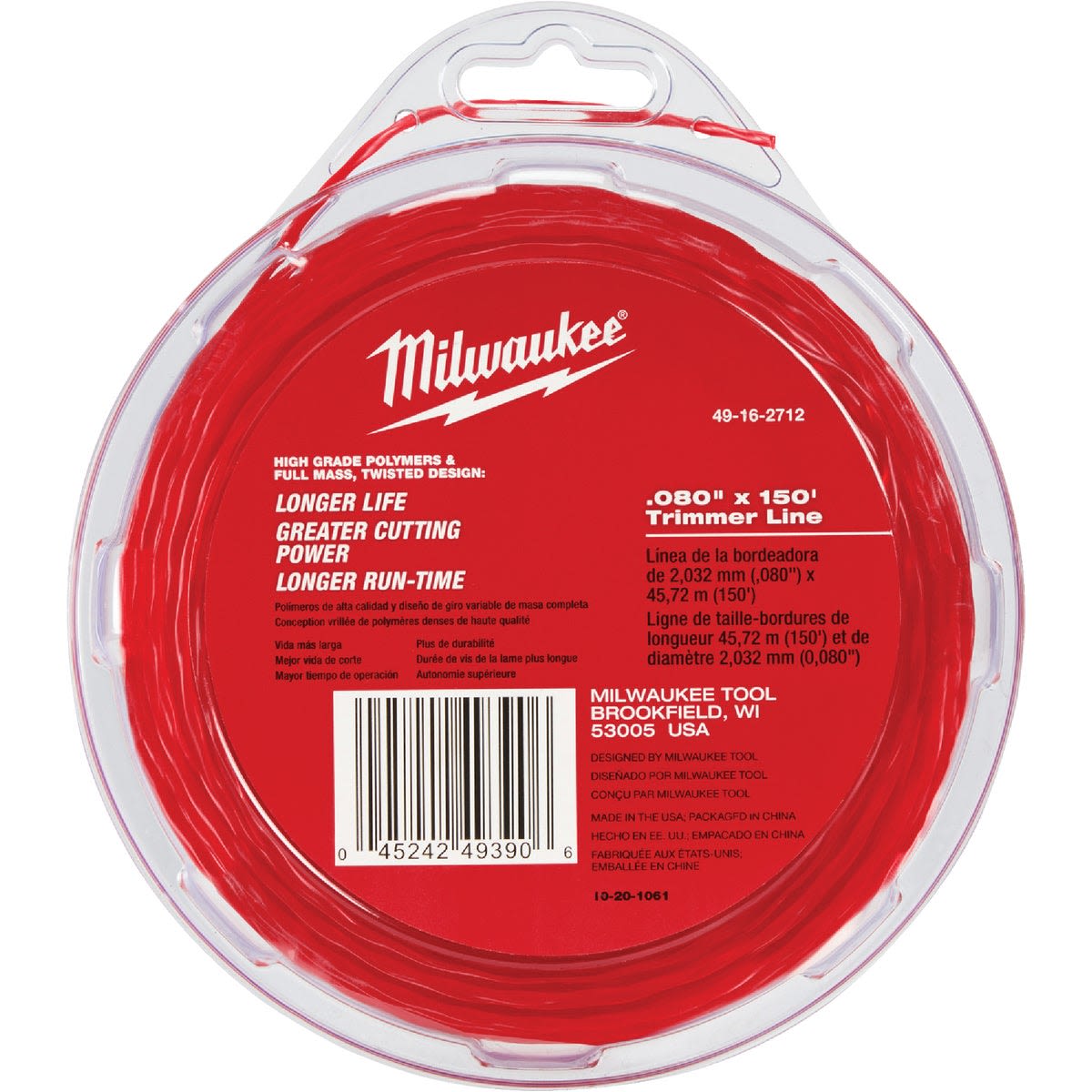Red spool of twisted trimmer line featuring high-grade polymers for power tool accessories in home improvement use