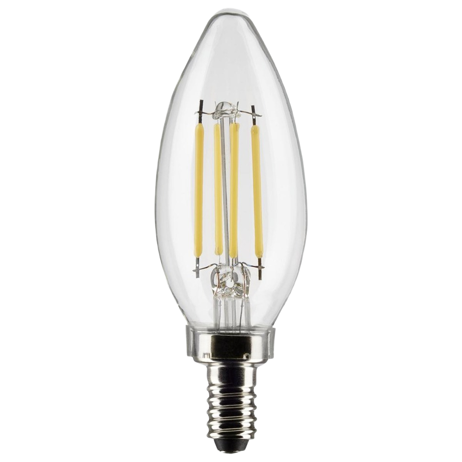 Clear LED filament bulb with candelabra base emitting neutral white light for energy-efficient home lighting
