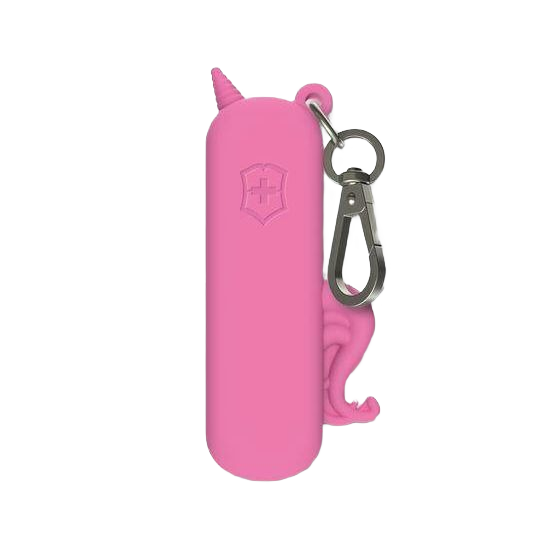 Pink silicone protective case with unicorn horn and tail accents plus metal clip for compact tool storage