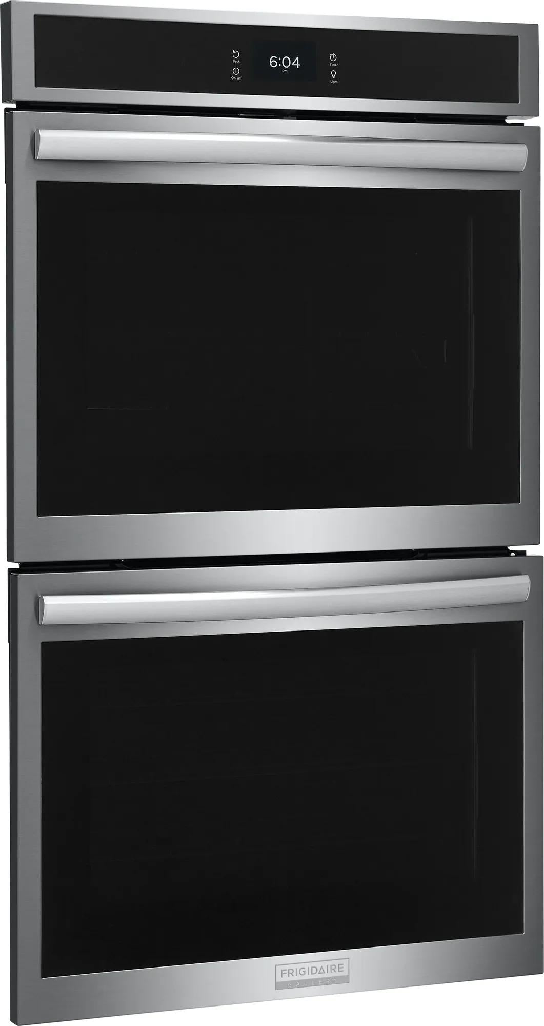 Stainless steel built-in double wall oven with digital clock and sleek handles from Double Wall Ovens collection