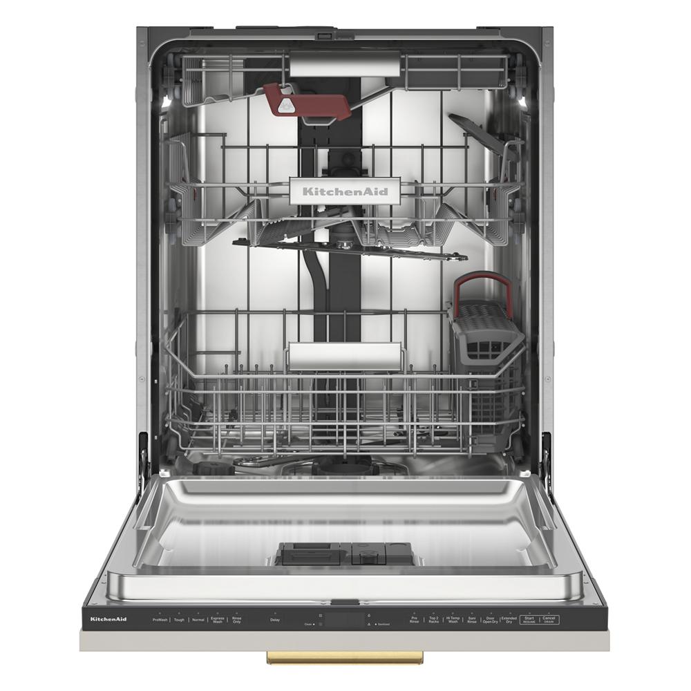 Open KitchenAid panel-ready dishwasher showing FreeFlex Fit adjustable racks and third level rack in appliances collection