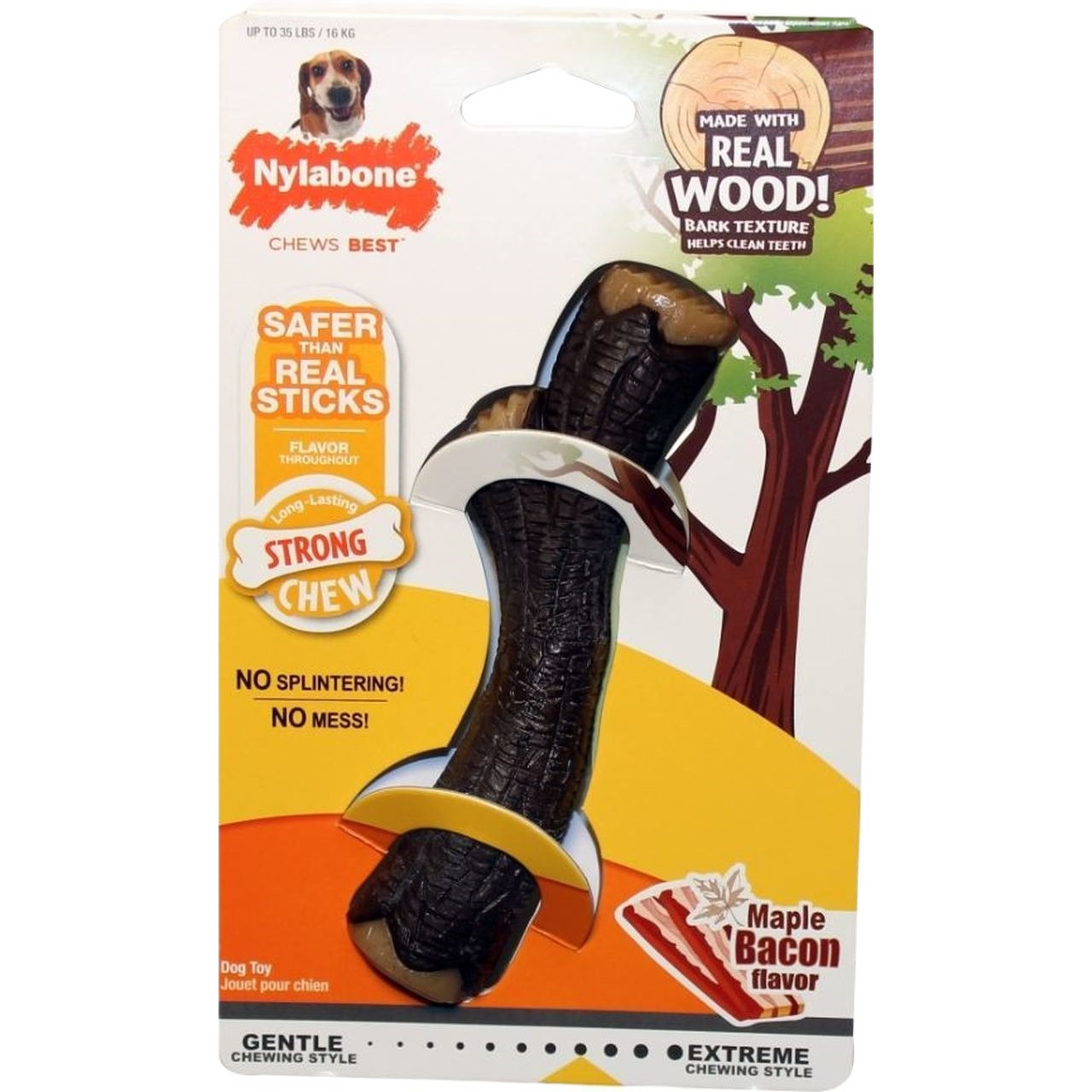 Nylabone strong chew stick with maple bacon flavor, wood-like texture designed for durable dog chewing