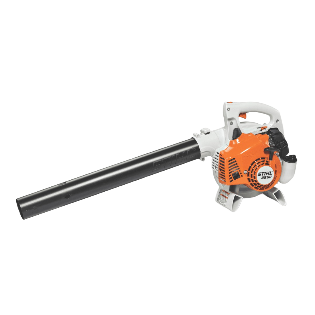 Compact gas-powered handheld blower with ergonomic handle and long black nozzle for outdoor home improvement tasks