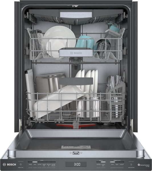 Open 24-inch Bosch dishwasher in brushed black steel with clean dishes arranged on upper and lower racks