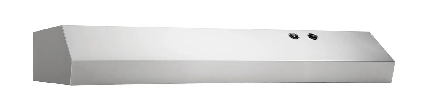 Brushed stainless steel 30-inch overhead range hood with dual-speed fan and dishwasher safe grease filter from kitchen appliances collection