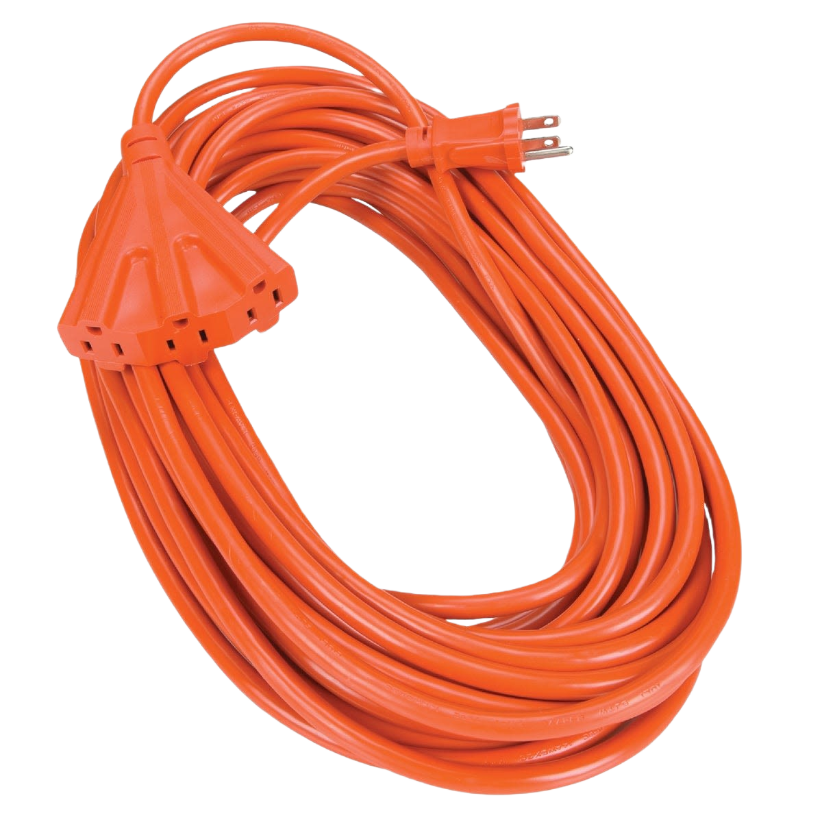 Heavy-duty orange 14/3 extension cord with built-in power block, suitable for indoor and outdoor electrical use.
