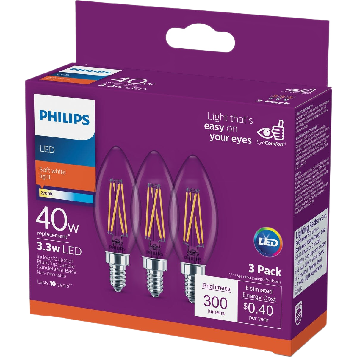 Pack of three 3.3W LED candelabra bulbs with soft white light for energy-efficient lighting under $50 collections