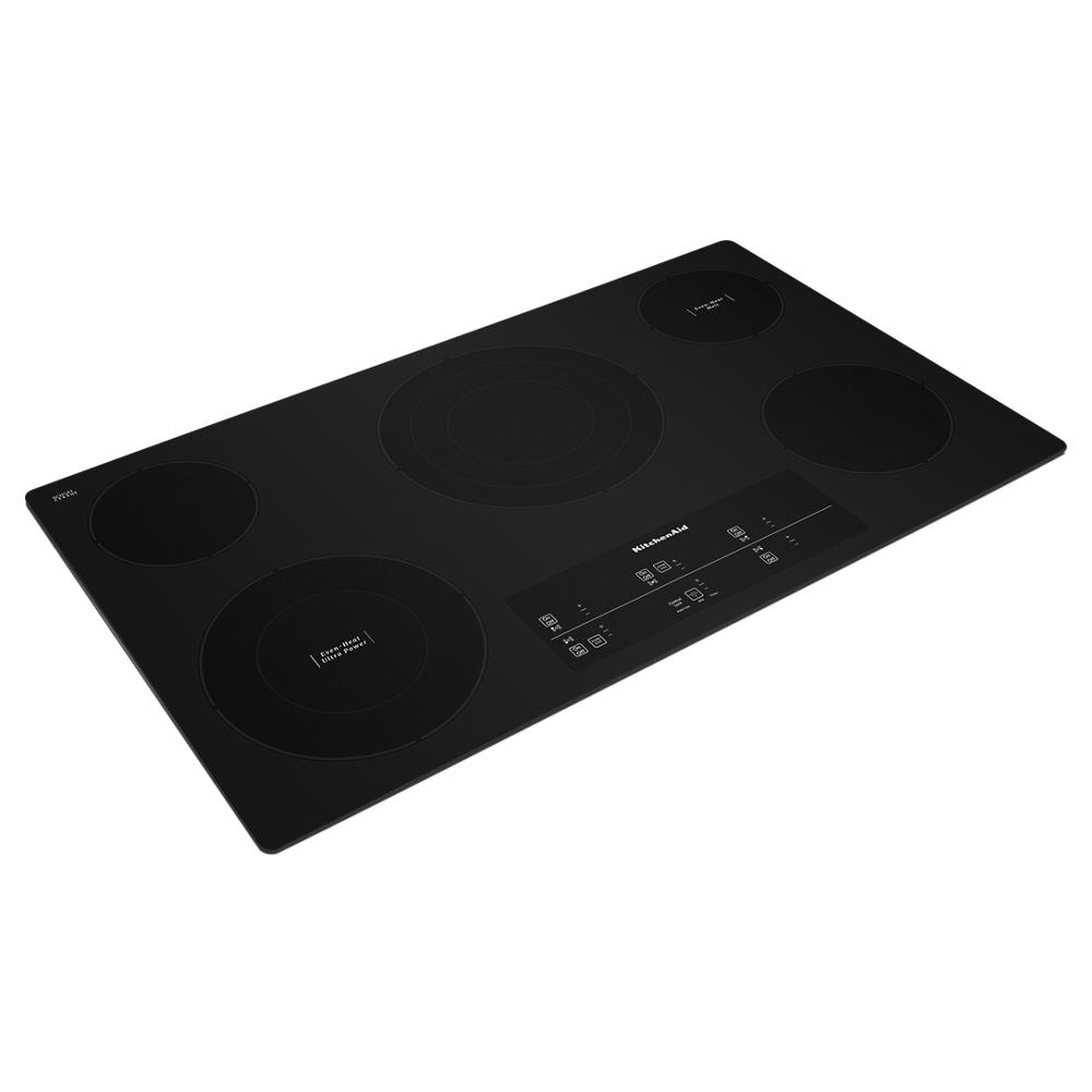 Black 36-inch electric cooktop with five heating zones and touch-activated controls in kitchen appliances collection