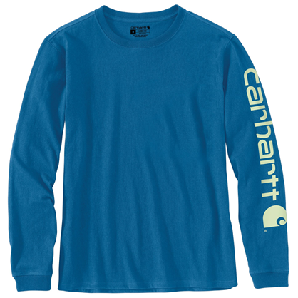 Women's marine blue long sleeve shirt with graphic logo on sleeve, part of casual and workwear tops collection