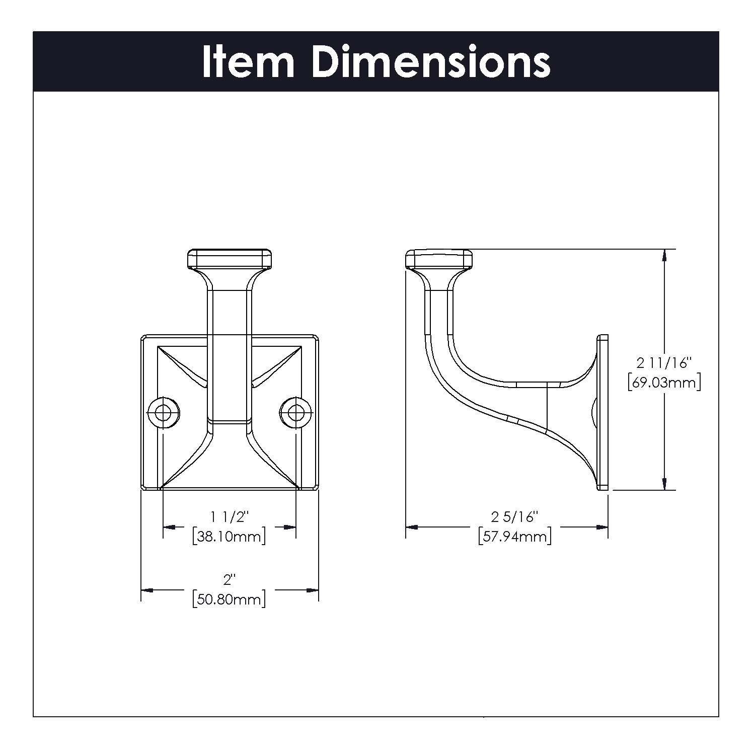 Technical line drawing showing detailed dimensions of a satin nickel long forge hook for home organization projects