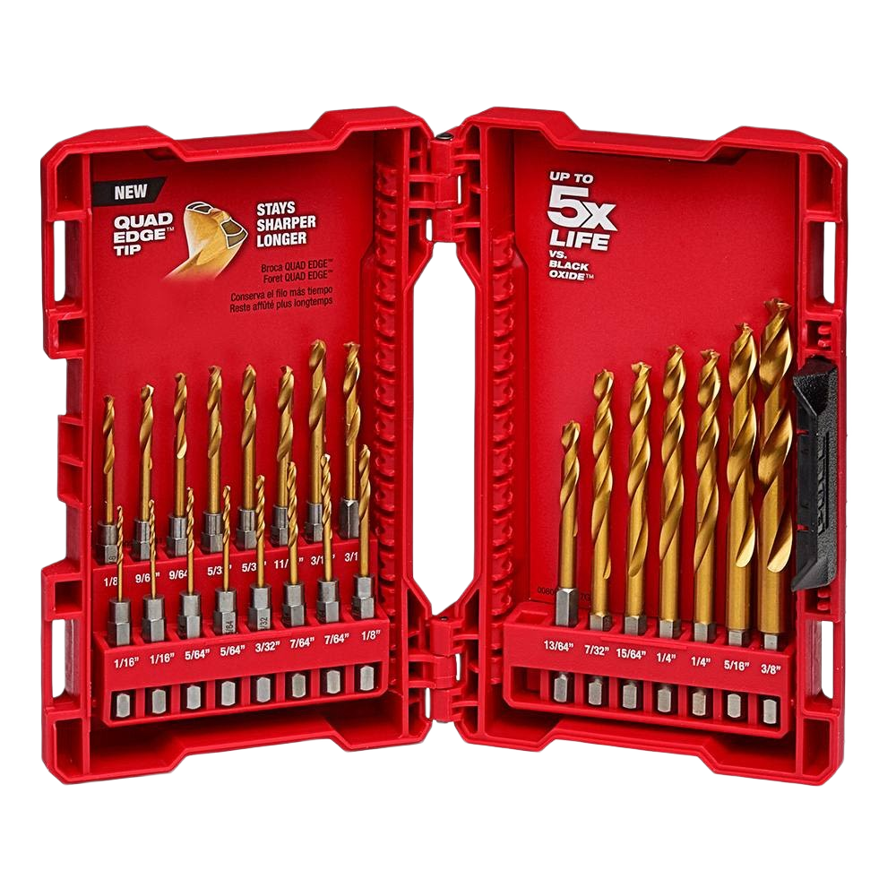 Red hard case with 23-piece titanium-coated drill bit set featuring QUAD EDGE™ design for power tool accessories.