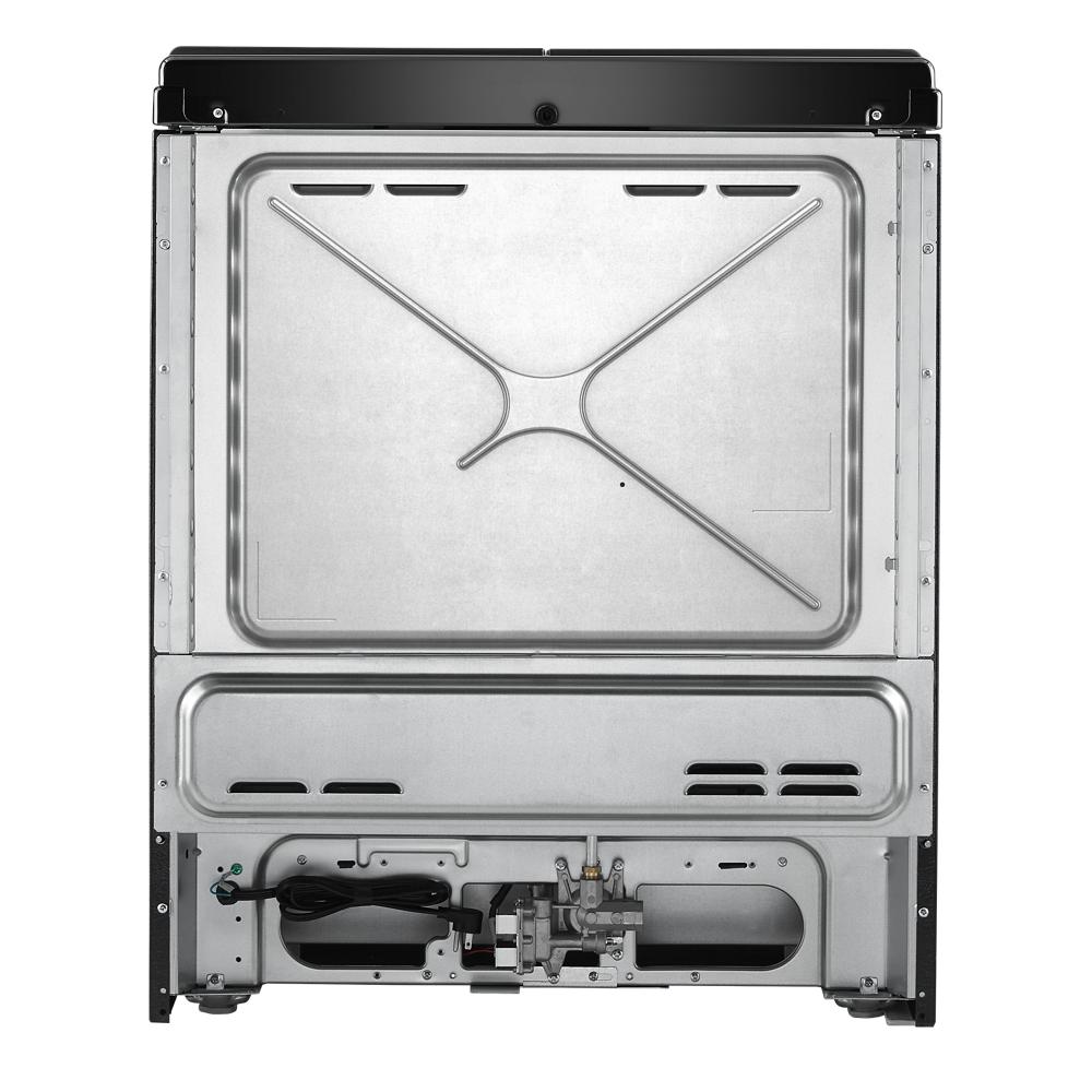 Back view of a gas slide-in range showing metal panel and internal gas connection components from Ranges collection
