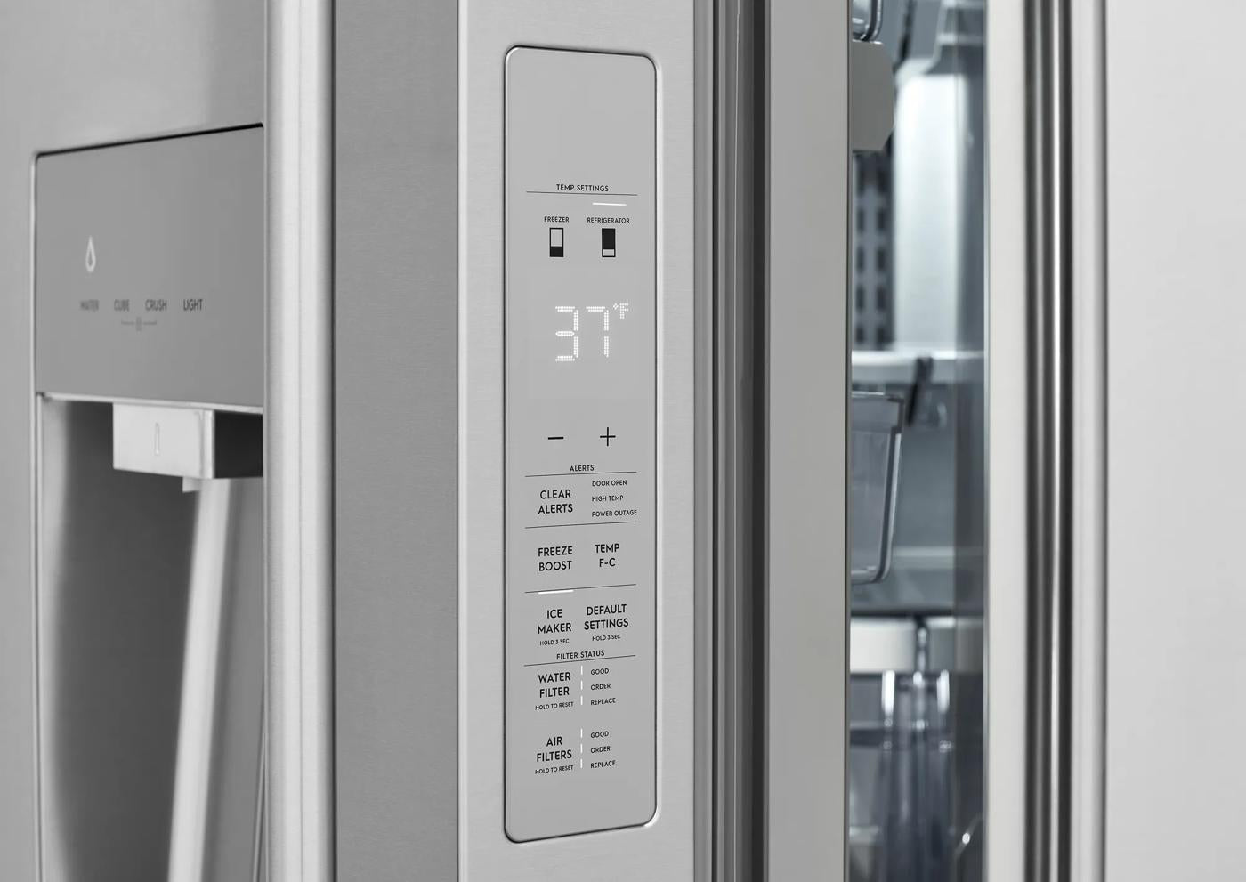 Close-up of stainless steel French door refrigerator control panel with temperature and filter indicators from appliances collection