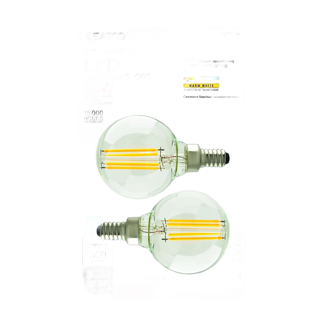 Two clear LED filament bulbs with medium bases for energy-efficient lighting in home improvement and electrical projects