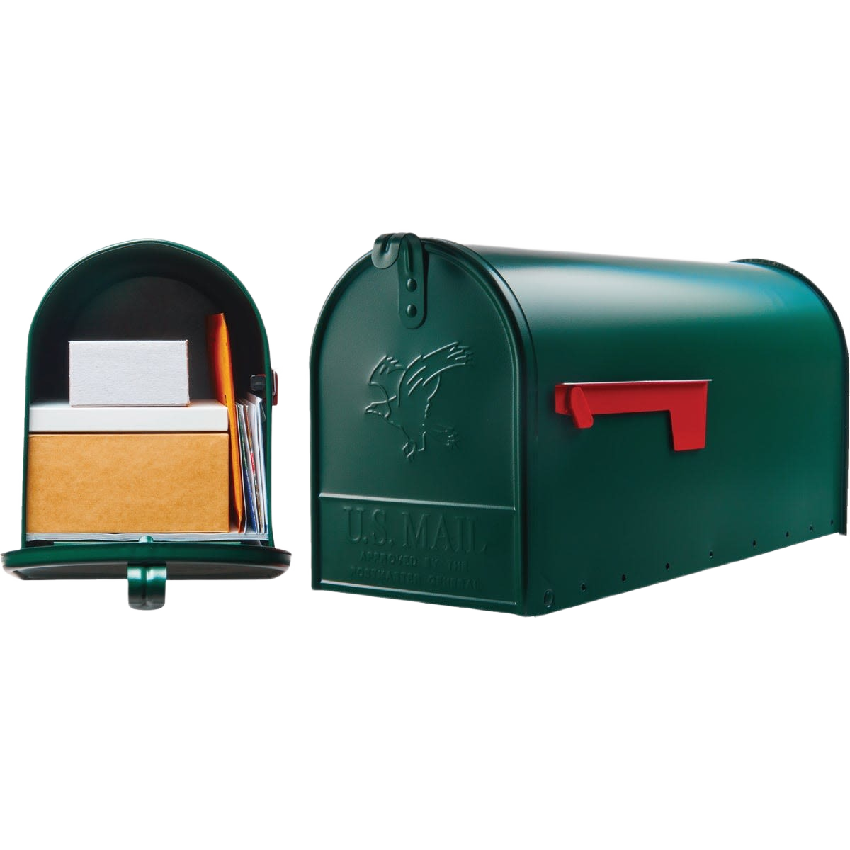 Green rural post mount mailbox with red flag and embossed eagle, open showing interior with packages for home improvement
