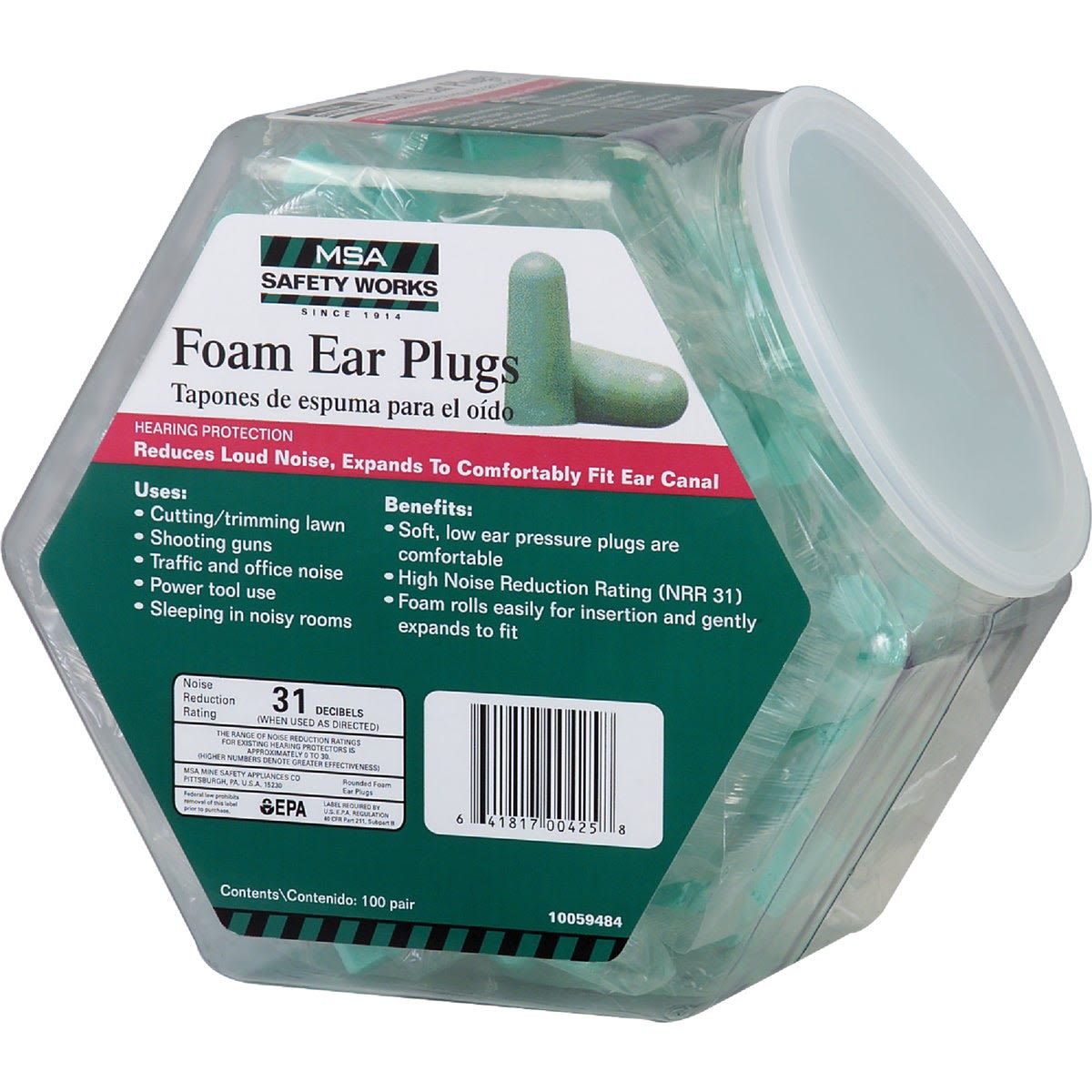 Clear plastic container of green foam earplugs with noise reduction rating for home improvement and noisy environments