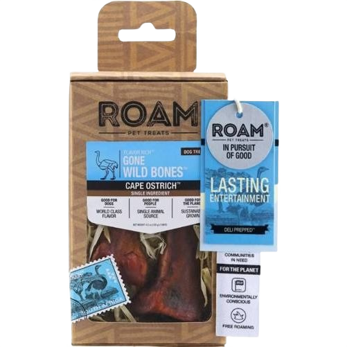 Pack of Roam Cape Ostrich dog treats with eco-friendly packaging and promotional tags attached for pet snacks