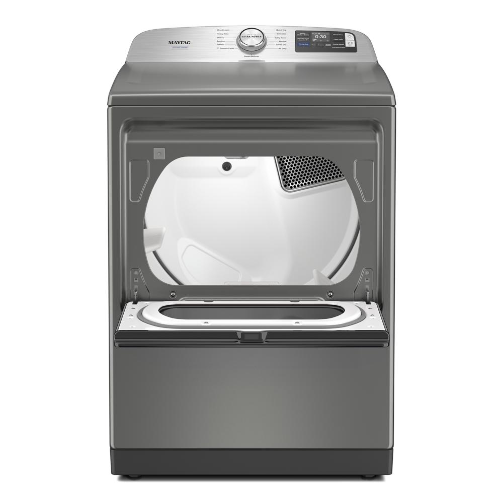 Stainless steel front-load electric dryer with pet hair trap, extra power option, and digital controls in Dryers collection