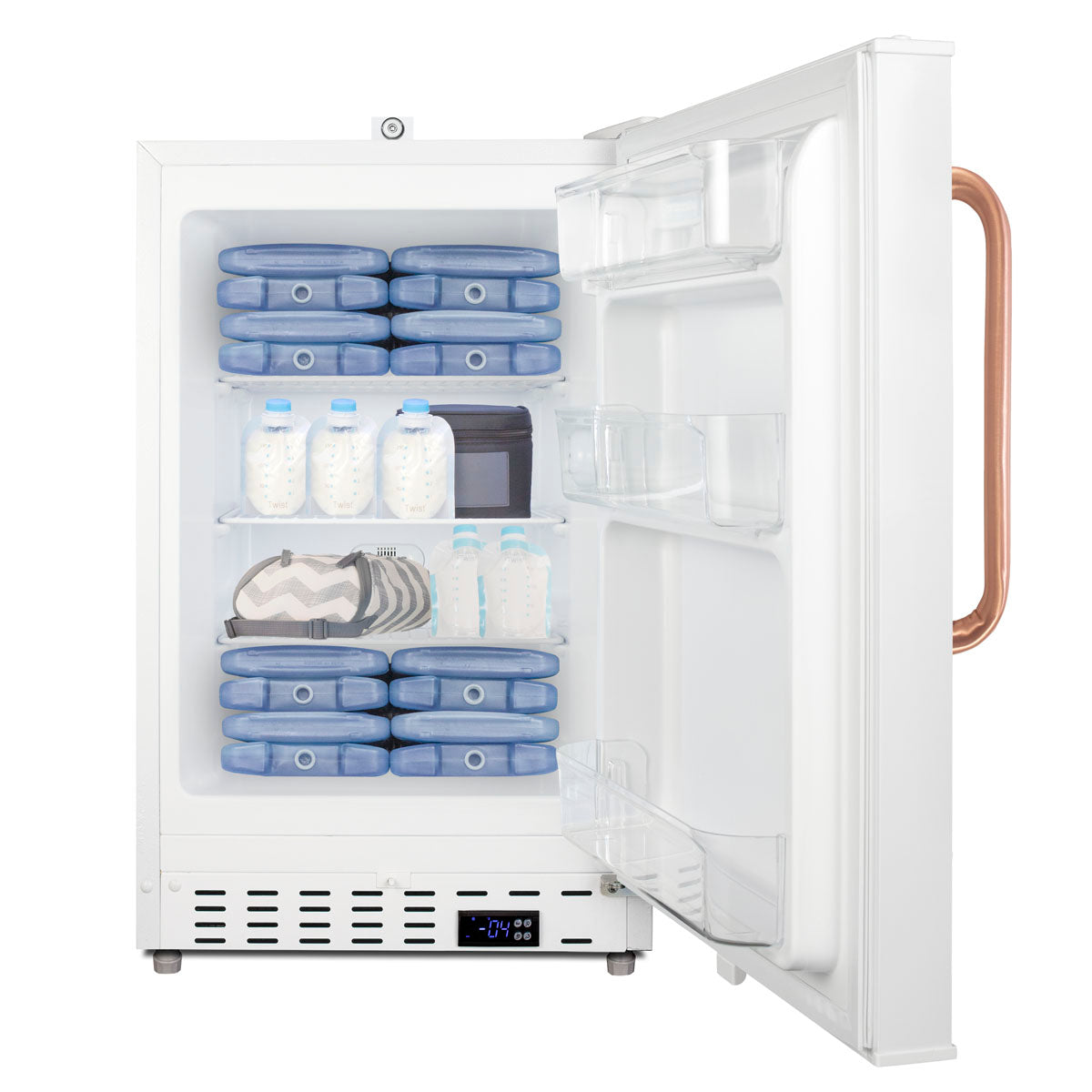 Compact built-in white freezer with organized breast milk storage and digital temperature control for kitchen appliances