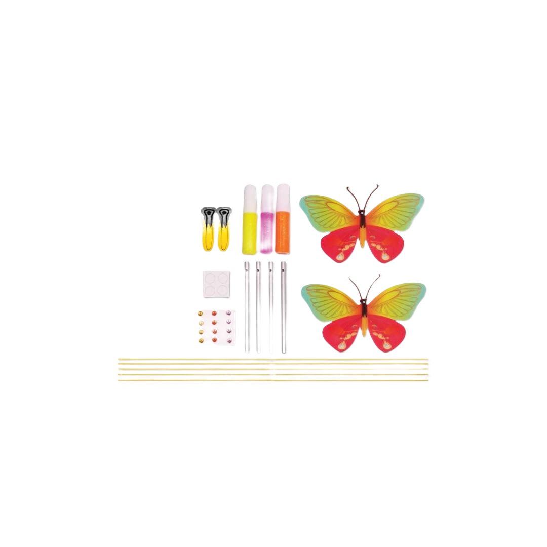Colorful butterfly-shaped components with metal tubes and craft supplies for DIY outdoor wind chime assembly kit