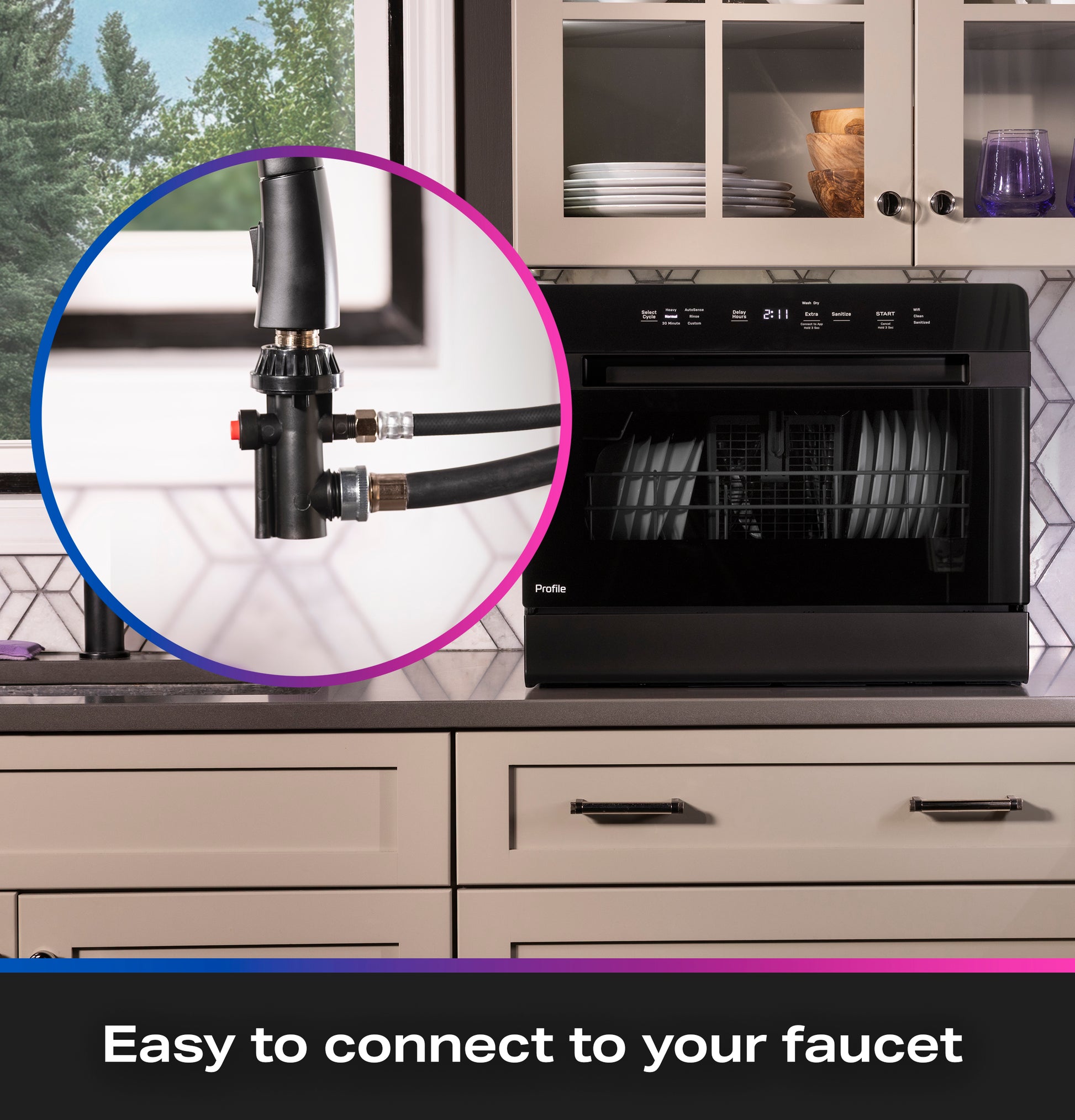 Black compact countertop dishwasher on kitchen counter with inset showing faucet connection attachment for easy setup
