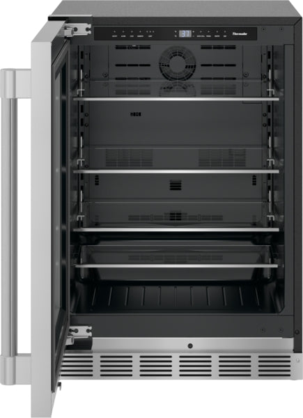 Open professional under counter refrigerator with glass door, stainless steel finish, interior shelving in kitchen appliances collection