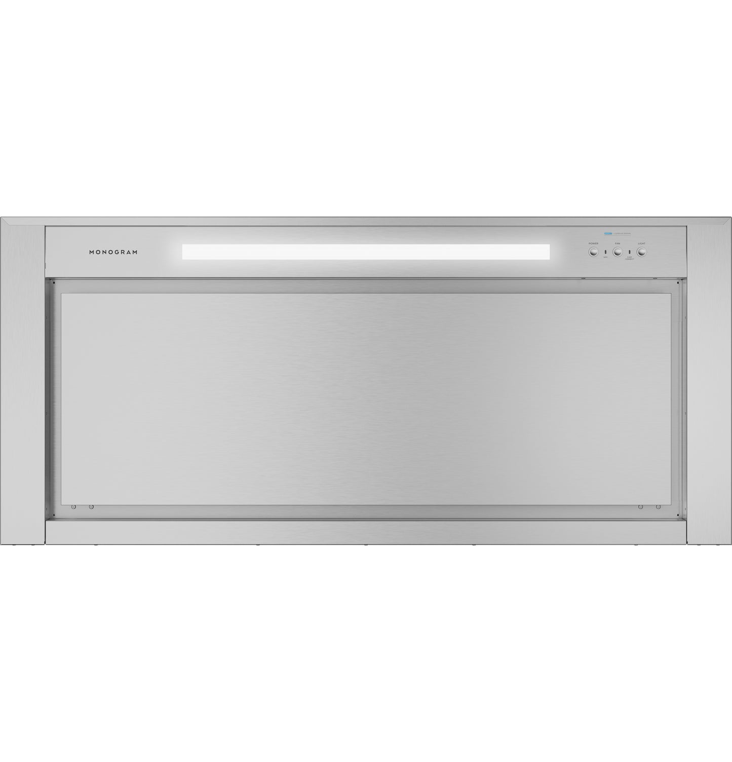 Stainless steel wall-mounted under-cabinet range hood with built-in light and control buttons in kitchen appliances collection