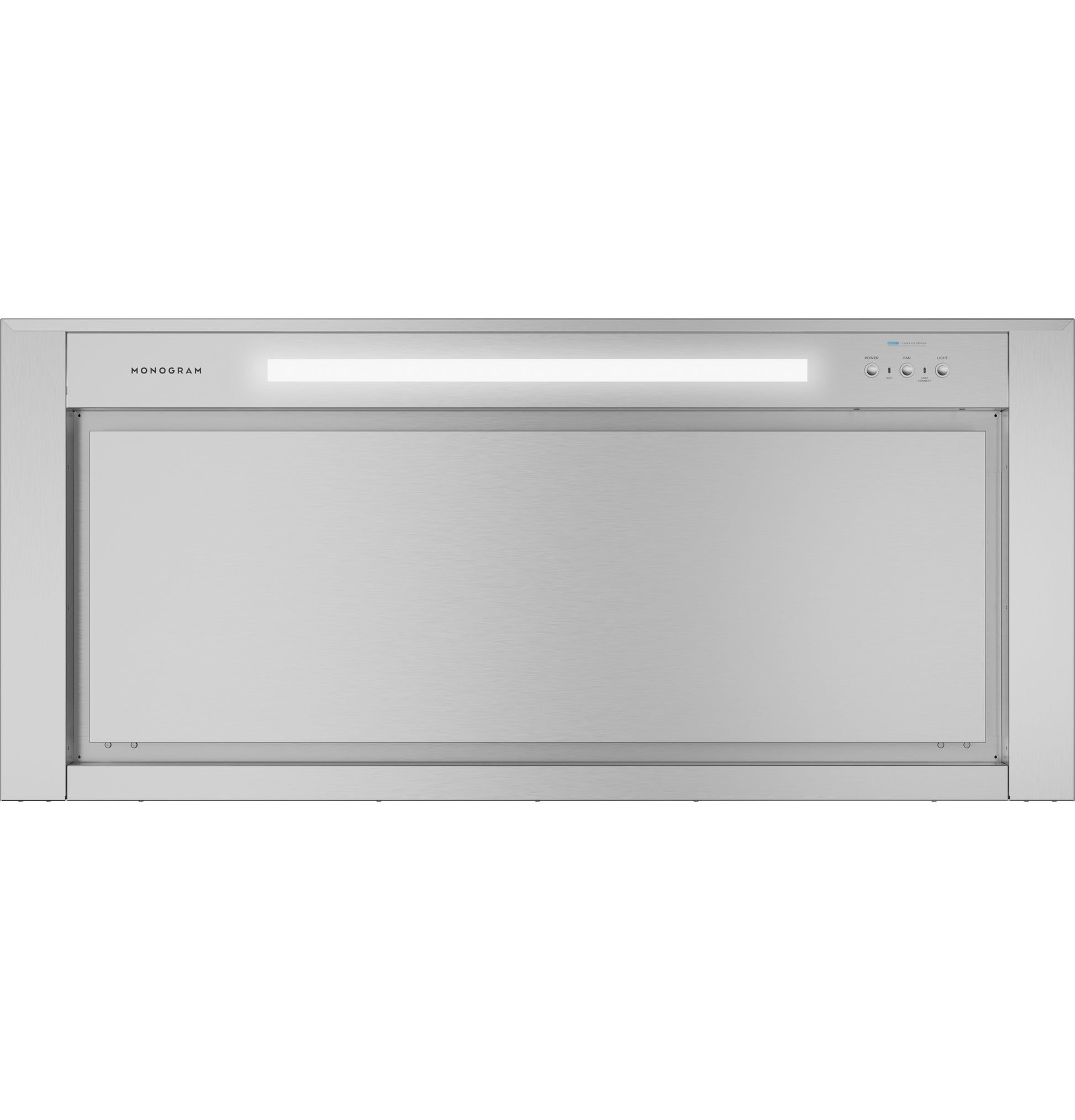 Stainless steel wall-mounted under-cabinet range hood with built-in light and control buttons in kitchen appliances collection