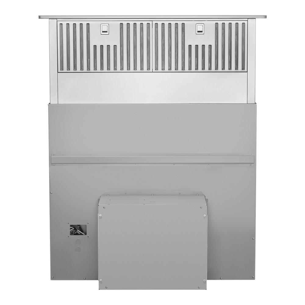 rear view of stainless steel retractable downdraft vent with upper filters for kitchen ventilation and home improvement