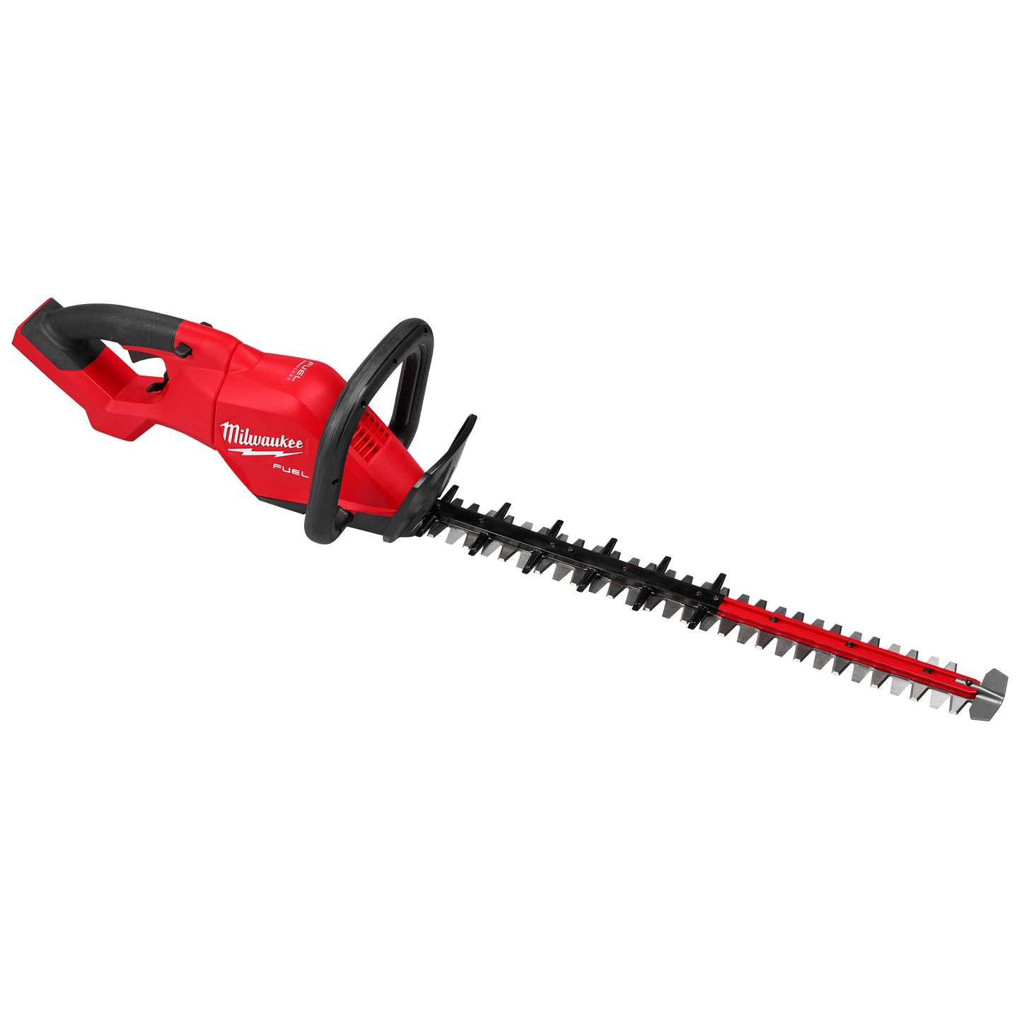 Red cordless hedge trimmer with extended blade and ergonomic handle designed for home improvement and outdoor tools
