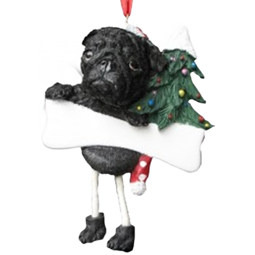 Black pug Christmas ornament with dangling legs holding festive tree in holiday décor collection under $50