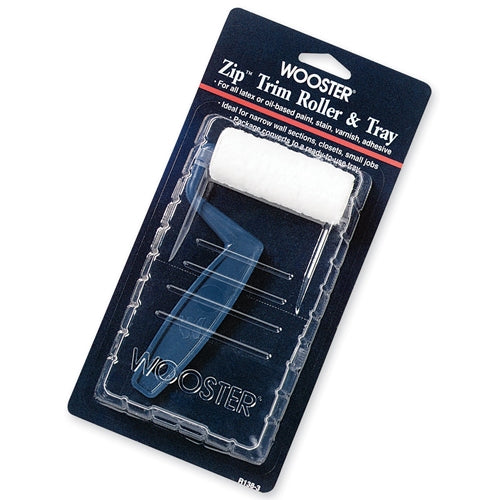 Compact trim roller and clear plastic tray set for precision painting in home improvement projects