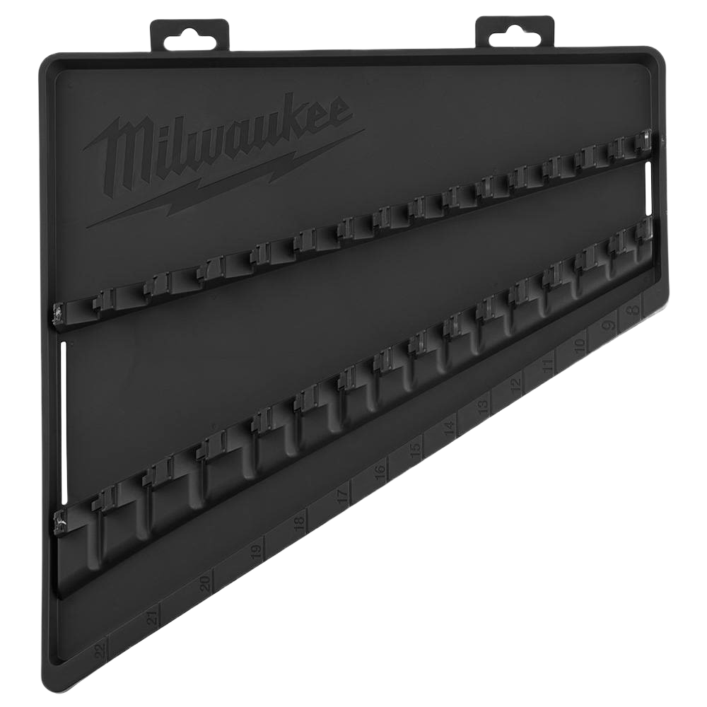 Black molded storage tray with labeled slots for a 15-piece metric flex head wrench set for tools and home improvement use