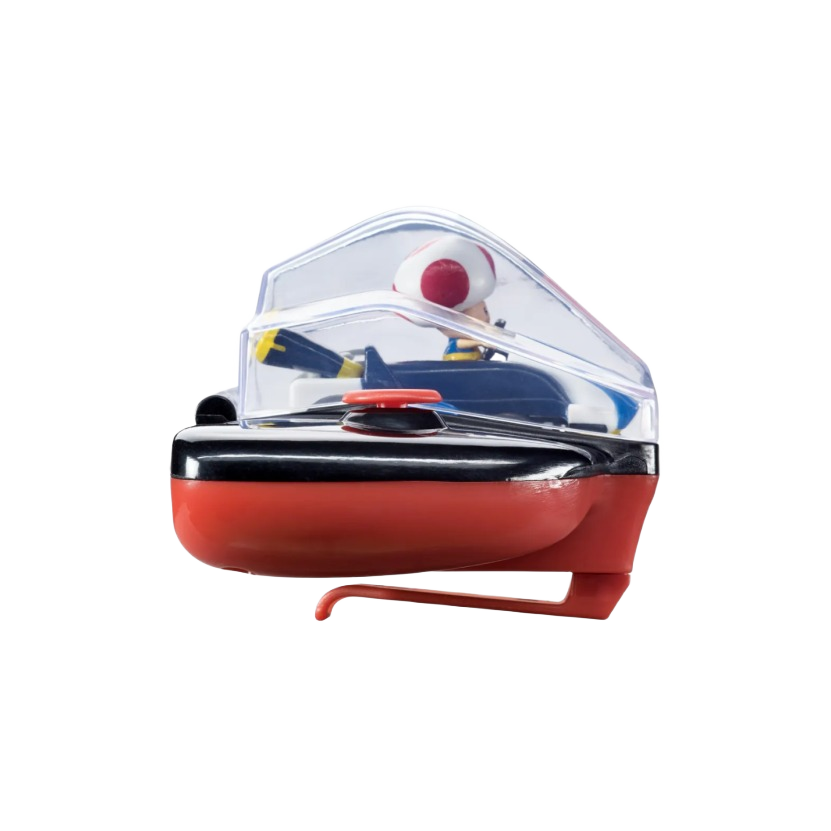 Mini remote control boat with Toad character wearing red-spotted mushroom helmet in blue and white outfit