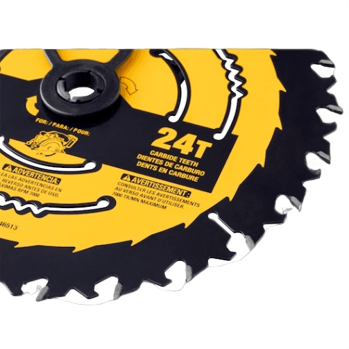 Circular saw blade with 24 carbide teeth in yellow and black for precision cutting in home improvement projects