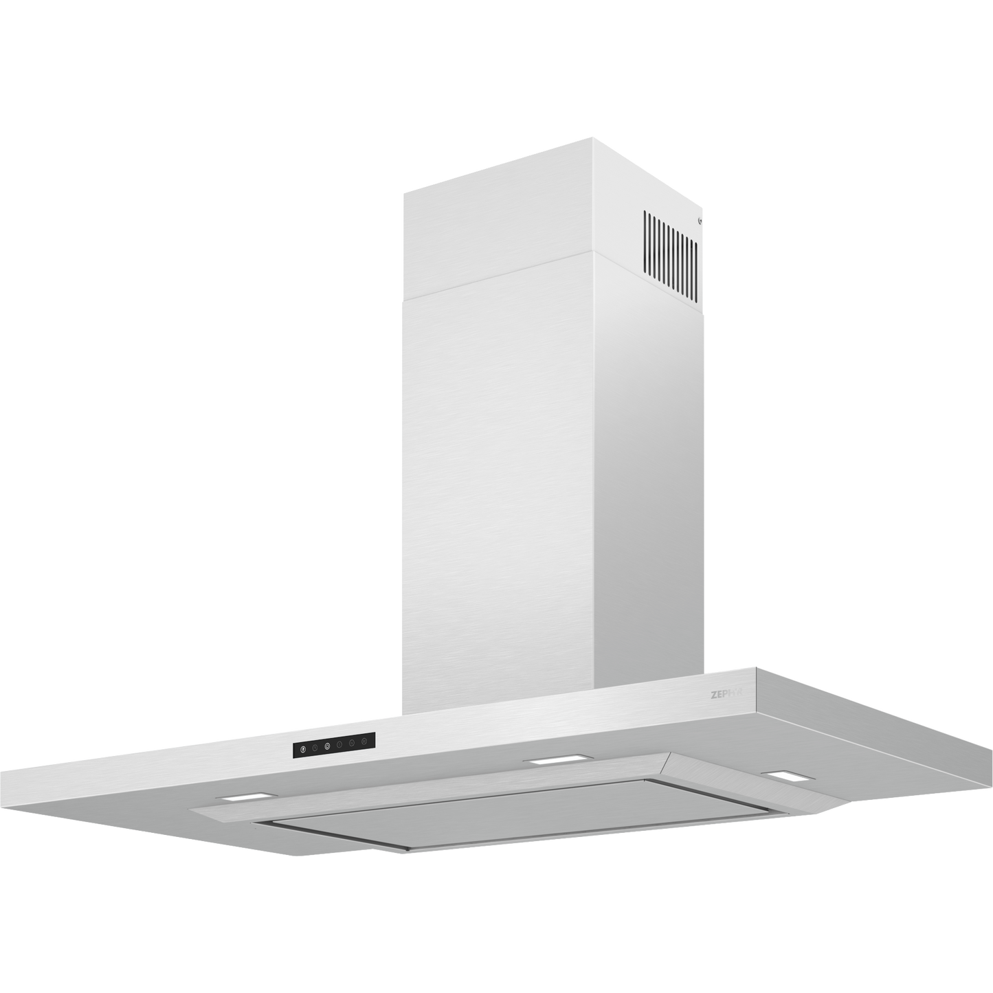 Modern stainless steel wall mounted range hood with pyramid chimney design and built-in LED lighting