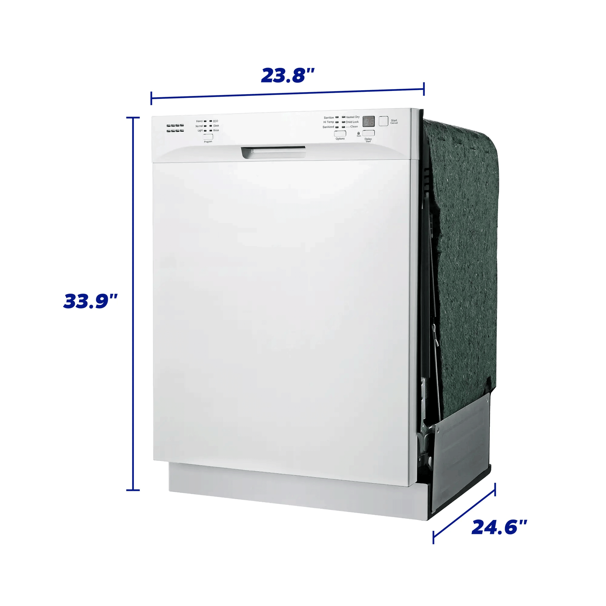 White built-in 24-inch front control dishwasher showing dimensions, part of Kitchen & Appliances collections