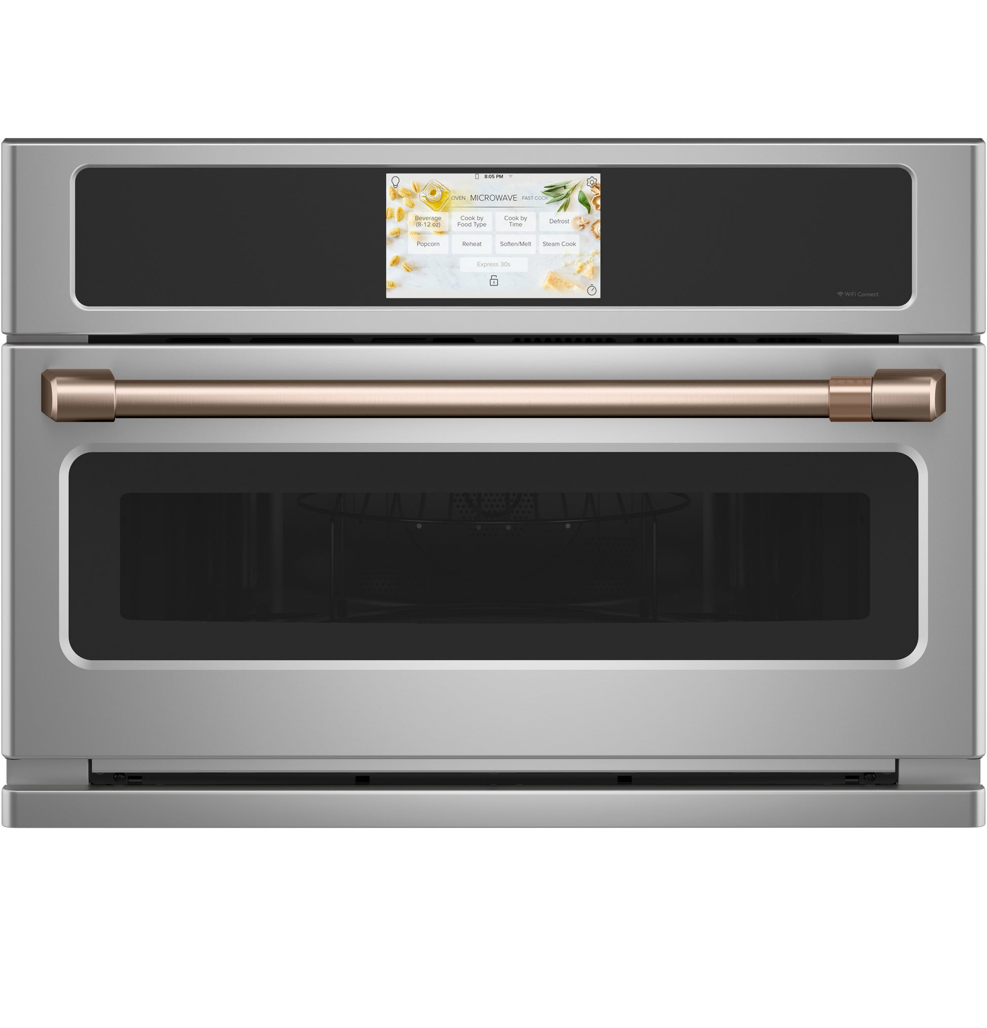 Built-in microwave convection oven in stainless steel with brass-accented handle and digital touch screen panel