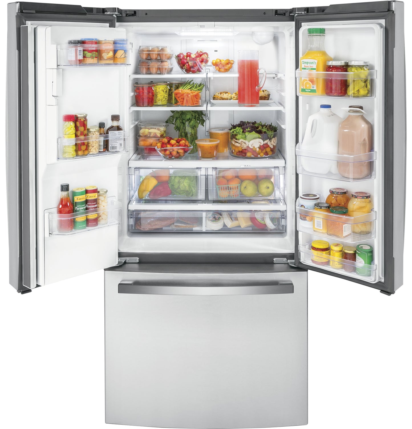 Open French-door refrigerator in stainless steel showing organized fresh fruits, vegetables, and beverages inside.