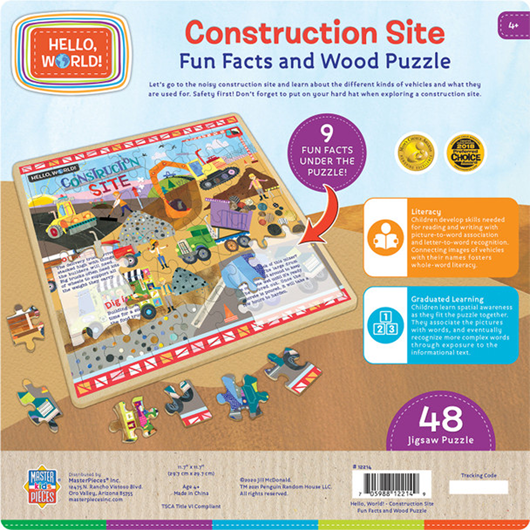 Colorful 48-piece wood puzzle featuring a busy construction site with trucks, workers, and educational fun facts